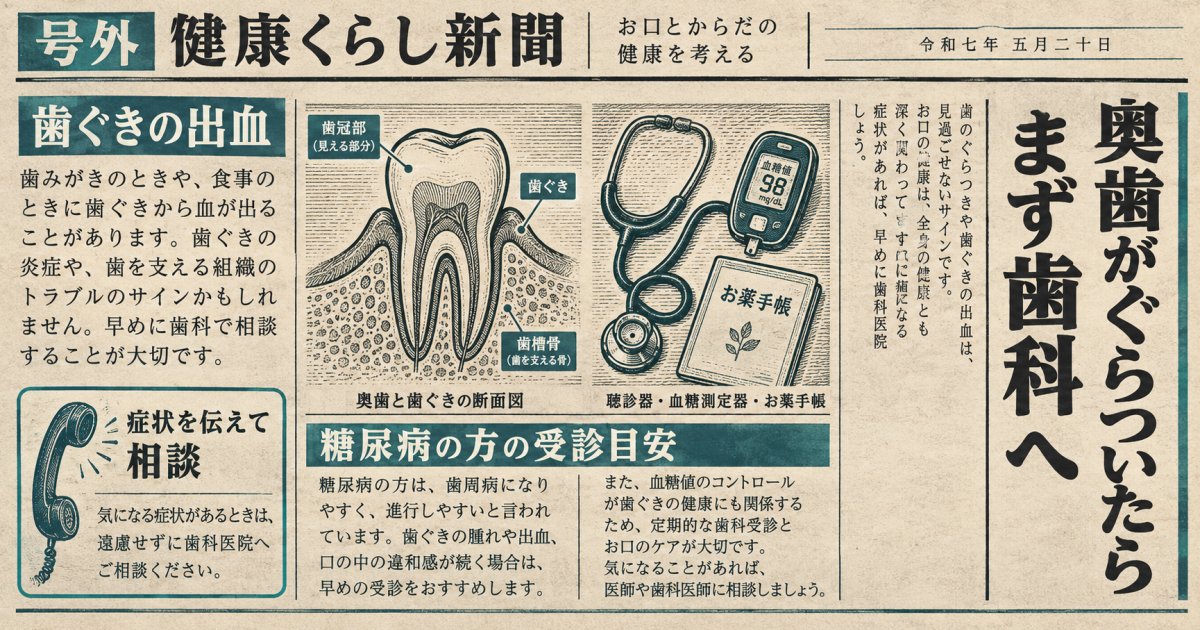 奥歯がぐらつき歯ぐきから出血したら何科へ？糖尿病の方の受診目安
